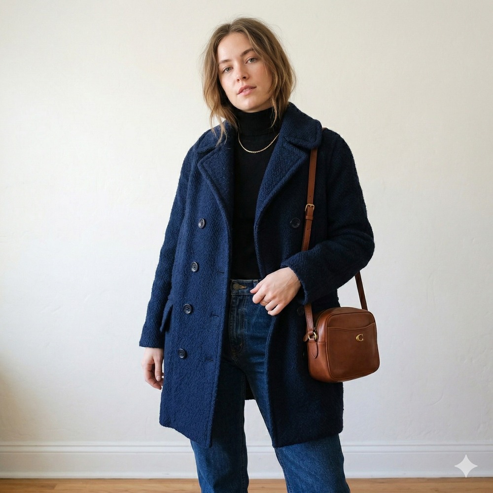 Coach Pea Coat Women Size M Navy Blue Double Breasted Boucle Wool Blend Luxury